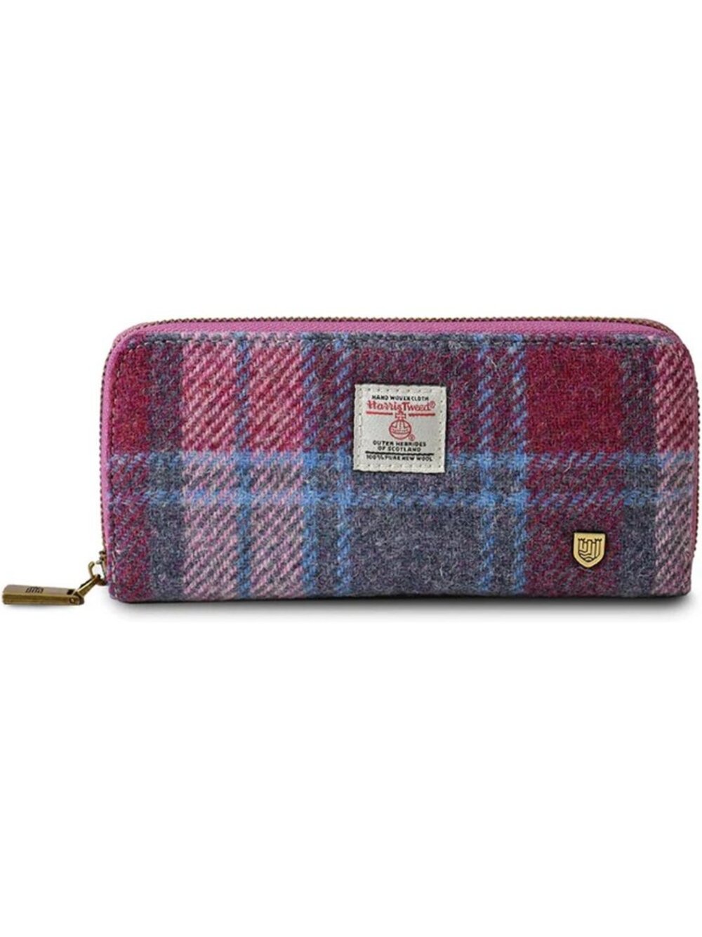 Stylish Women's Long Zip Purse - Harris Tweed & PU Leather, Pink Blue Tartan